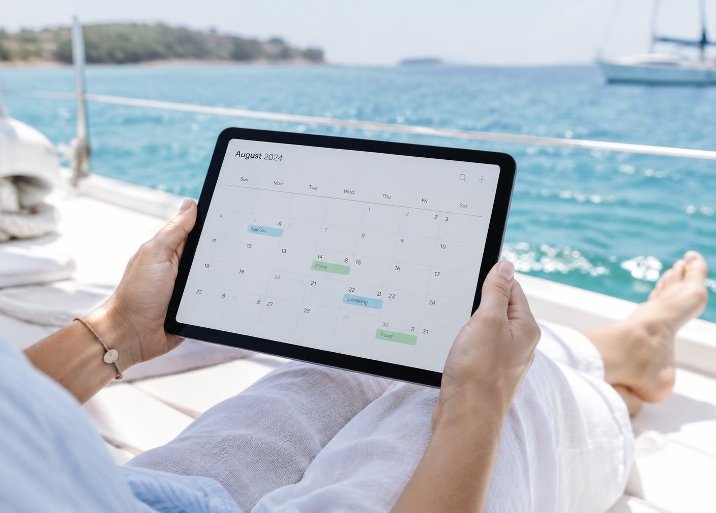 Sócio conferindo a agenda de reservas do barco em um tablet