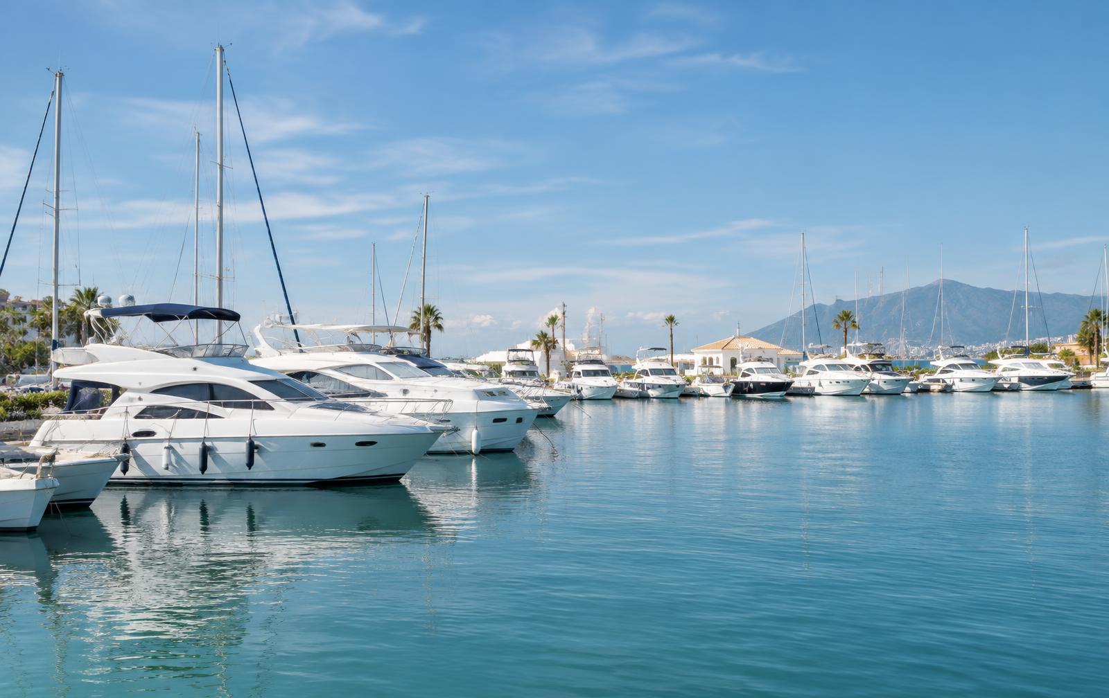 Marina com lanchas atracadas em água azul-turquesa